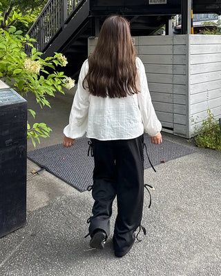 Dot Bicolor Ribbon Elastic Waist Pants