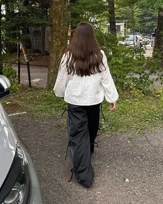 Dot Bicolor Ribbon Elastic Waist Pants