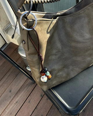 Ethnic Keyring Set One-Shoulder Leather Tote Bag