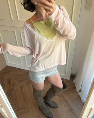 Lace Deep V-Neck Long Sleeve Cut and Sewn