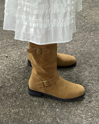 Belt-point mid-calf boots