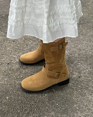 Belt-point mid-calf boots