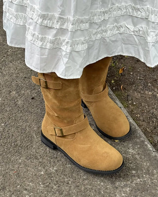 Belt-point mid-calf boots