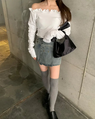 Side-adjustable wrap pleated denim mini skirt