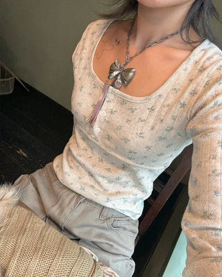 Henry Scooped Neck Flower Thermal Long T-Shirt