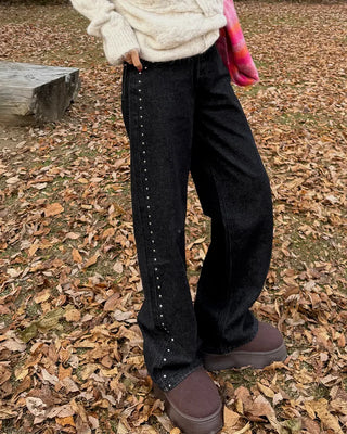 Stud Point Wide Semi-Bootcut Denim Pants