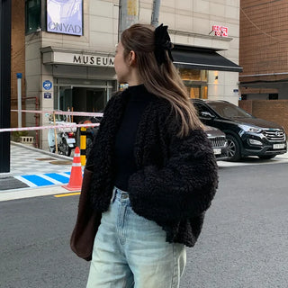 V-neck boa open jacket