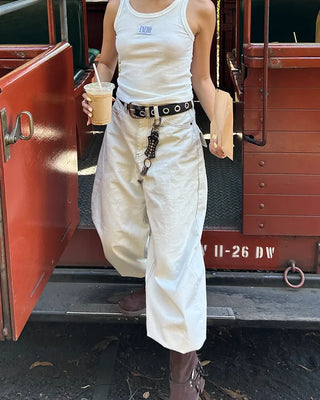 Button-back cinch flap balloon cotton pants