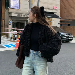 V-neck boa open jacket