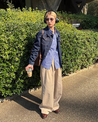 Double-pleated wide cotton pants