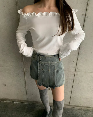 Side-adjustable wrap pleated denim mini skirt