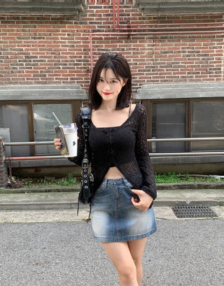 Long slit net cardigan (2 colors)