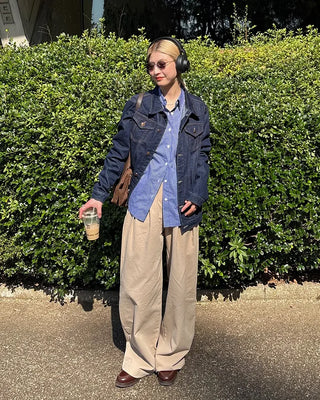 Double-pleated wide cotton pants
