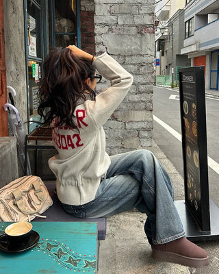 High-neck half-zip waist string sweater