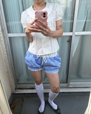 Lace hem striped short pumpkin pants