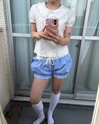 Lace hem striped short pumpkin pants