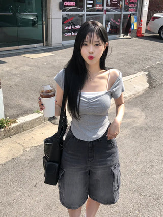Shirred Cap Sleeve Short Sleeve T-Shirt