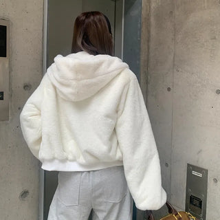 Fur cropped hooded zip-up