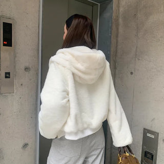 Fur cropped hooded zip-up