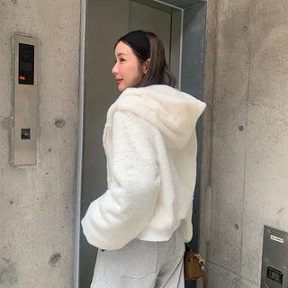Fur cropped hooded zip-up