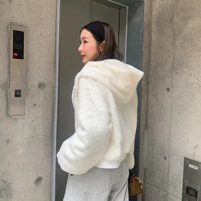 Fur cropped hooded zip-up