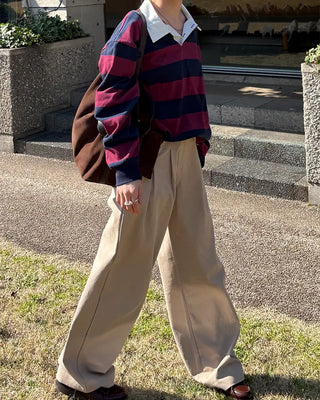 Double-pleated wide cotton pants