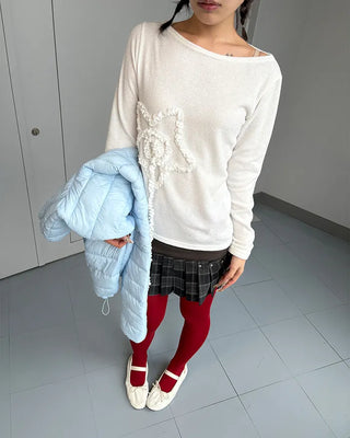 Frill spiral star boat neck long cut and sew