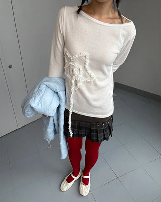 Frill spiral star boat neck long cut and sew