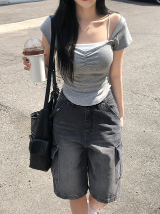 Shirred Cap Sleeve Short Sleeve T-Shirt