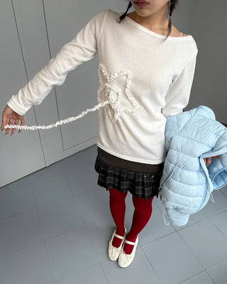 Frill spiral star boat neck long cut and sew