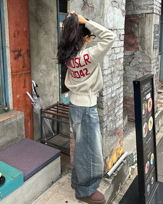 High-neck half-zip waist string sweater