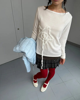 Frill spiral star boat neck long cut and sew