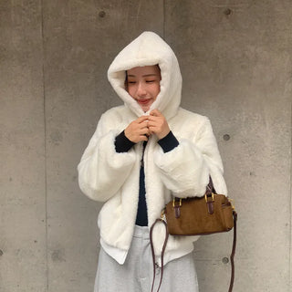 Fur cropped hooded zip-up