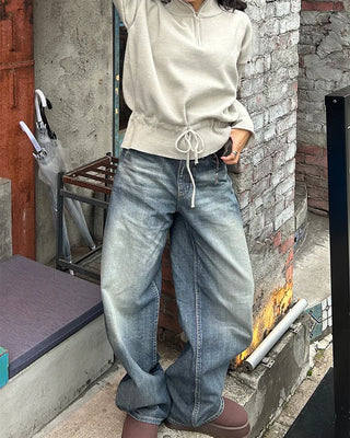 High-neck half-zip waist string sweater