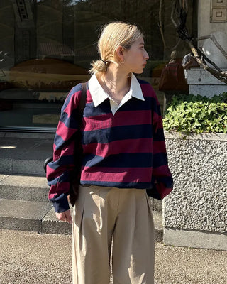 (Unisex) Wide Border Polo Neck Long T-Shirt
