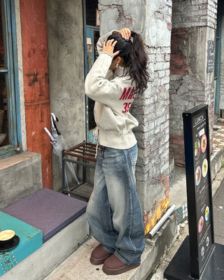 High-neck half-zip waist string sweater