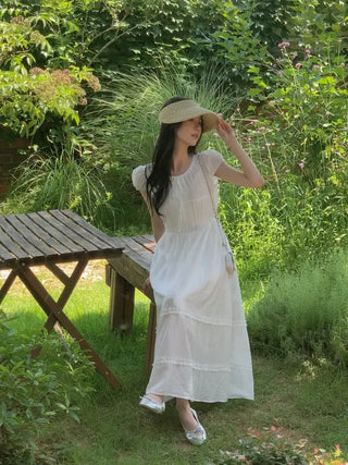 Ribbon Shirring Puff Summer Short Sleeve Long Dress