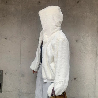 Fur cropped hooded zip-up