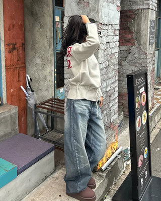 High-neck half-zip waist string sweater
