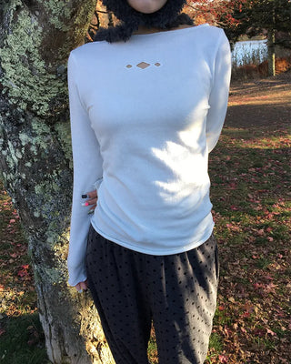 Triple Diamond Slit Slashed Neck Long T-Shirt