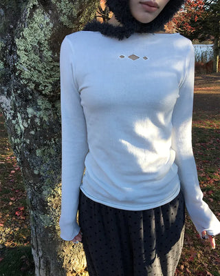 Triple Diamond Slit Slashed Neck Long T-Shirt