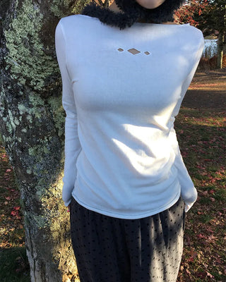 Triple Diamond Slit Slashed Neck Long T-Shirt