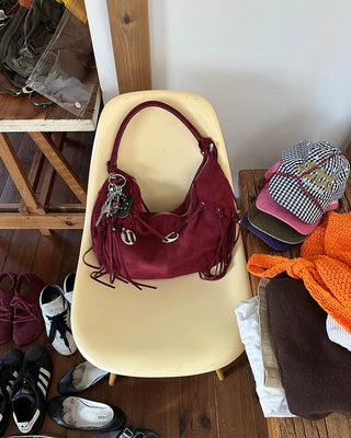 Frilled fringe suede hobo bag