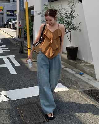 Elastic waistband drawstring denim wide-leg pants