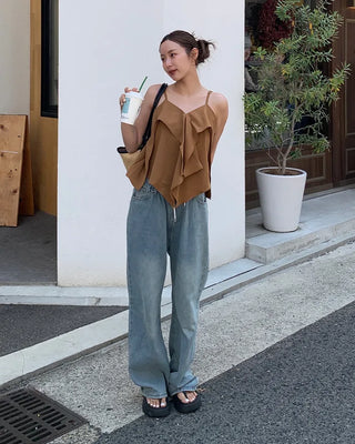Elastic waistband drawstring denim wide-leg pants