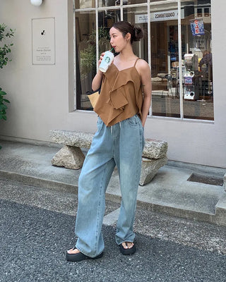 Elastic waistband drawstring denim wide-leg pants