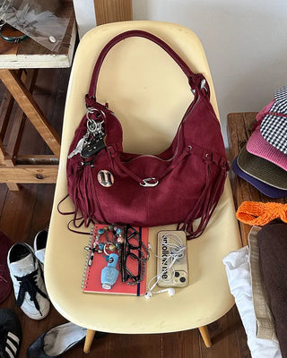 Frilled fringe suede hobo bag