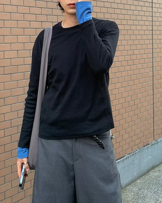 Ribbed round neck long-sleeve T-shirt
