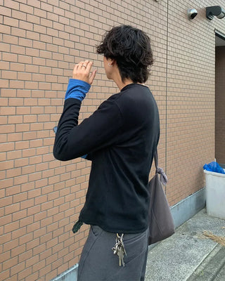 Ribbed round neck long-sleeve T-shirt