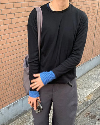 Ribbed round neck long-sleeve T-shirt